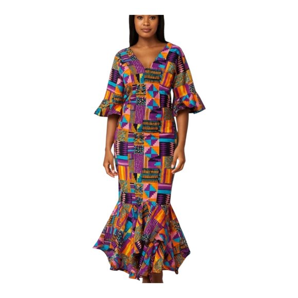 Colorful African Ankara Mermaid Maxi Dress Cotton Custom Made 1X see measurement - Picture 1 of 16